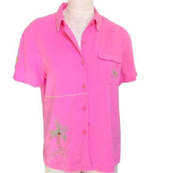 Erin London Linen Blend Short Sleeve Shirt M Pink Novelty Embroidery 81H - Picture 1 of 11